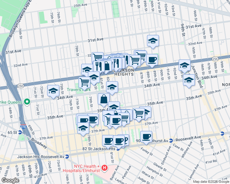 map of restaurants, bars, coffee shops, grocery stores, and more near 34-9 83rd Street in Queens