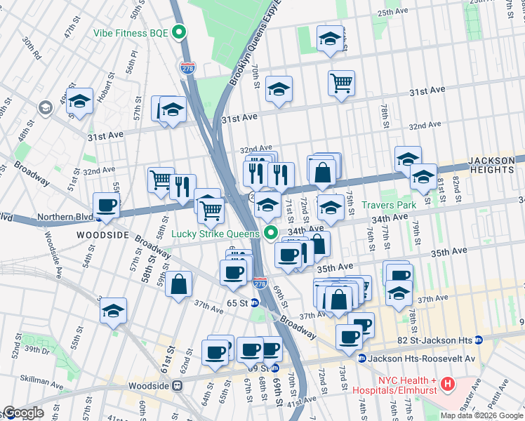 map of restaurants, bars, coffee shops, grocery stores, and more near 33-22 69th Street in Queens