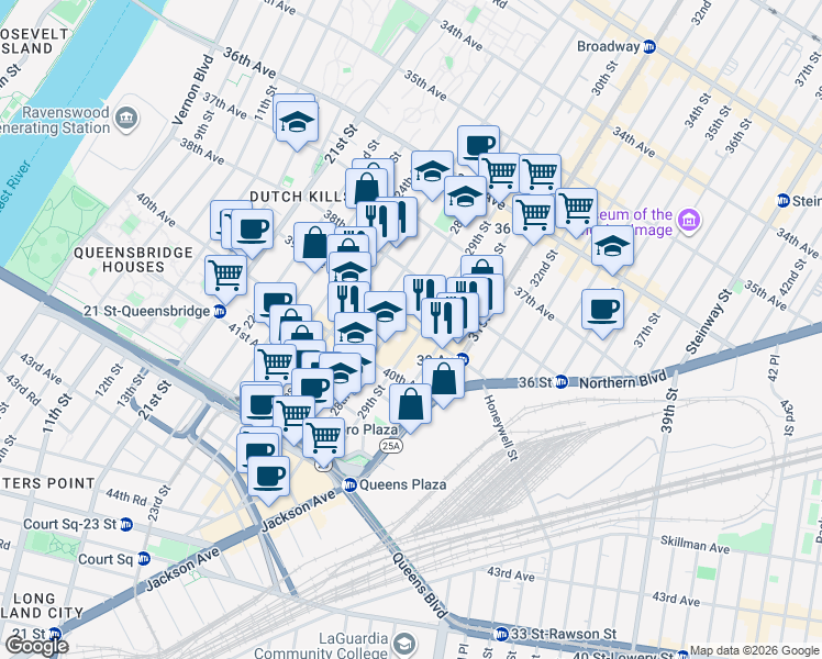 map of restaurants, bars, coffee shops, grocery stores, and more near 39-08 29th Street in Queens