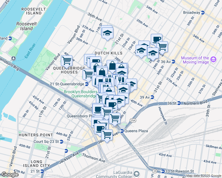 map of restaurants, bars, coffee shops, grocery stores, and more near 40-01 Crescent Street in Queens