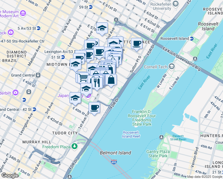 map of restaurants, bars, coffee shops, grocery stores, and more near 427 East 50th Street in New York