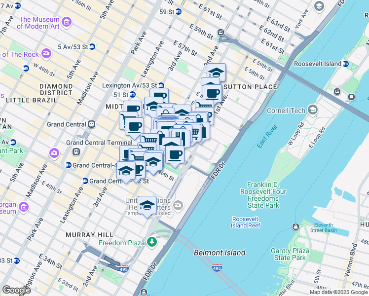 map of restaurants, bars, coffee shops, grocery stores, and more near 320 East 49th Street in New York