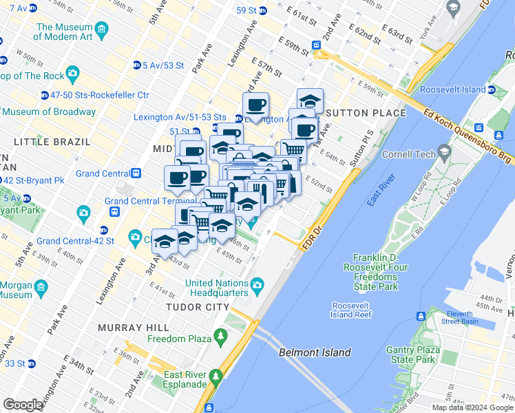 map of restaurants, bars, coffee shops, grocery stores, and more near 320 East 49th Street in New York
