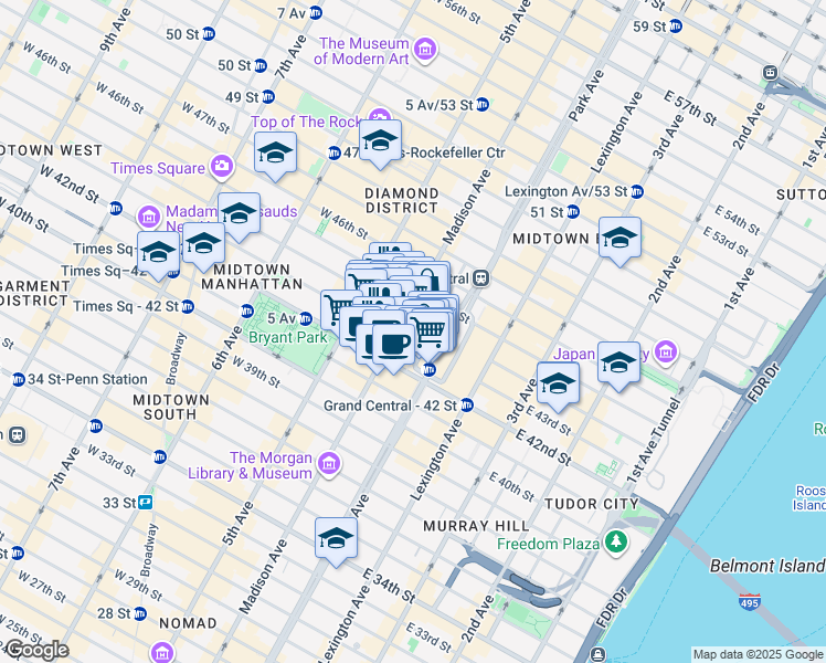 map of restaurants, bars, coffee shops, grocery stores, and more near 331 Madison Avenue in New York