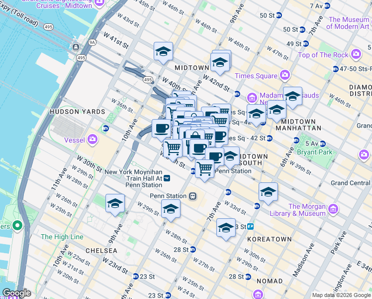 map of restaurants, bars, coffee shops, grocery stores, and more near 334 West 36th Street in New York
