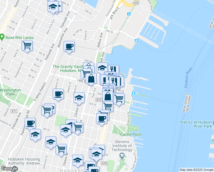 map of restaurants, bars, coffee shops, grocery stores, and more near 108 14th Street in Hoboken