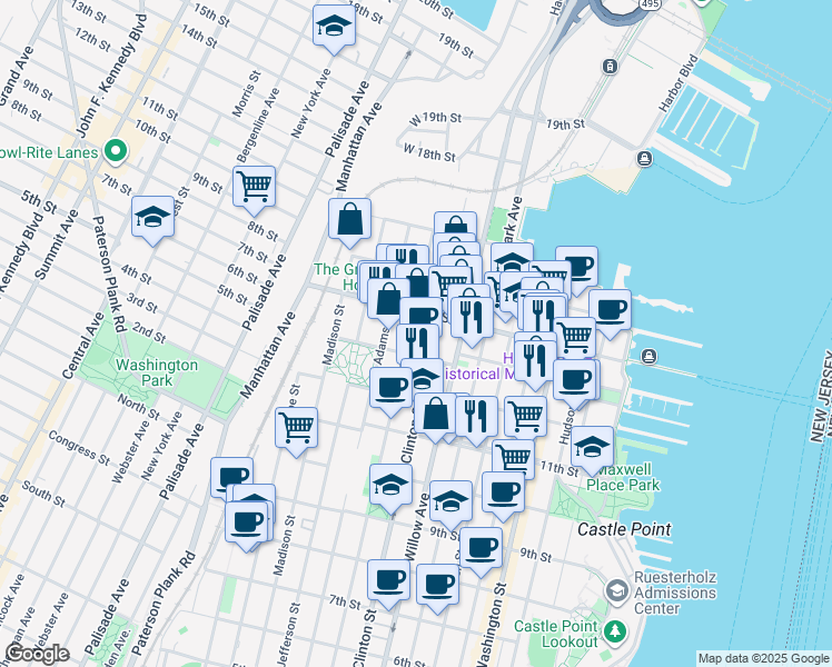 map of restaurants, bars, coffee shops, grocery stores, and more near 352 13th Street in Hoboken