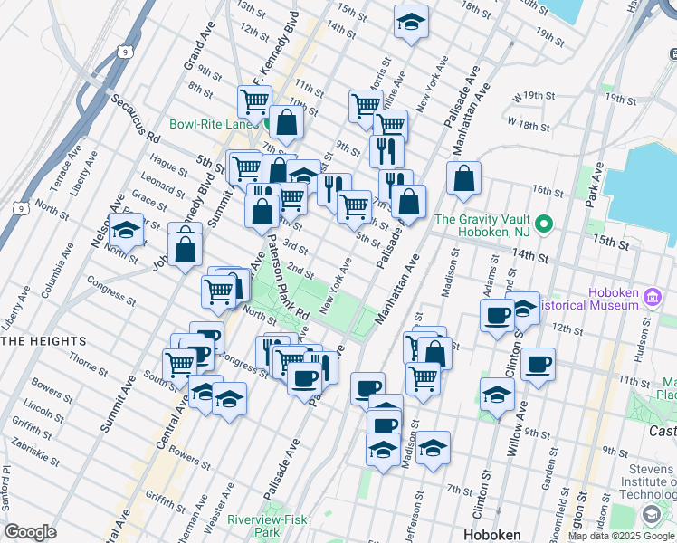 map of restaurants, bars, coffee shops, grocery stores, and more near 305 New York Avenue in Union City