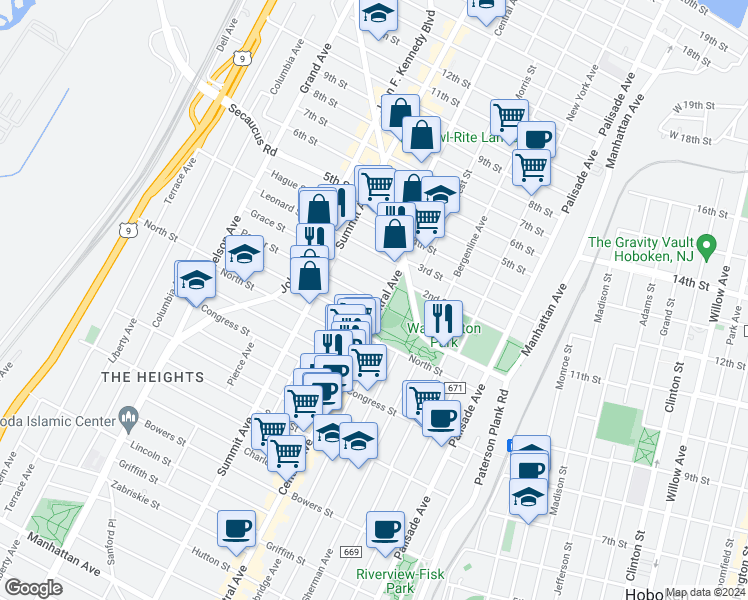 map of restaurants, bars, coffee shops, grocery stores, and more near 551 Central Avenue in Jersey City