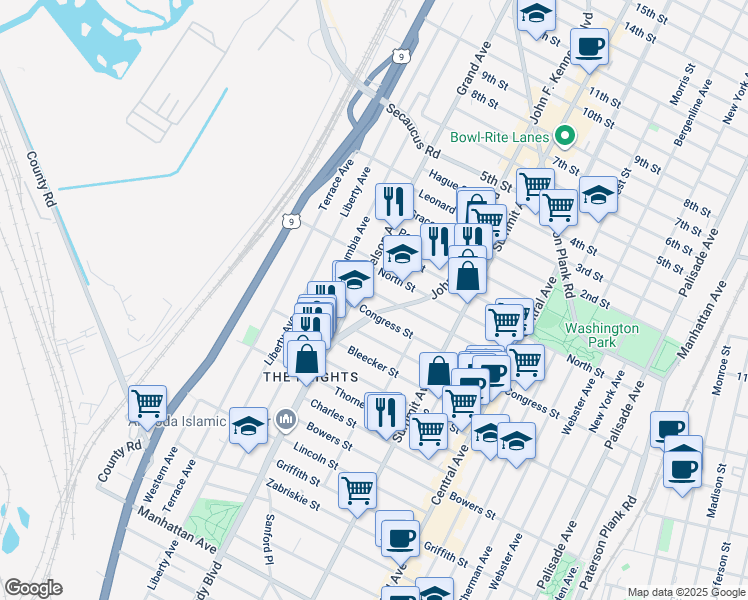 map of restaurants, bars, coffee shops, grocery stores, and more near 256 Congress Street in Jersey City