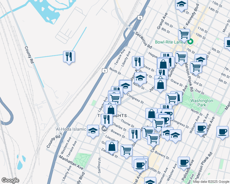 map of restaurants, bars, coffee shops, grocery stores, and more near 153 Columbia Avenue in Jersey City