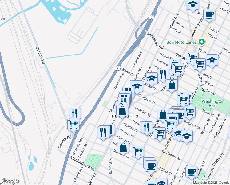 map of restaurants, bars, coffee shops, grocery stores, and more near 212 Terrace Avenue in Jersey City
