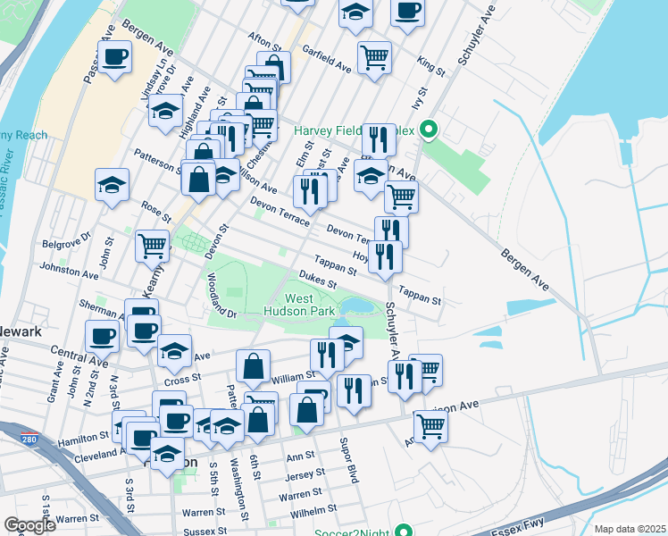 map of restaurants, bars, coffee shops, grocery stores, and more near 126 Tappan Street in Kearny