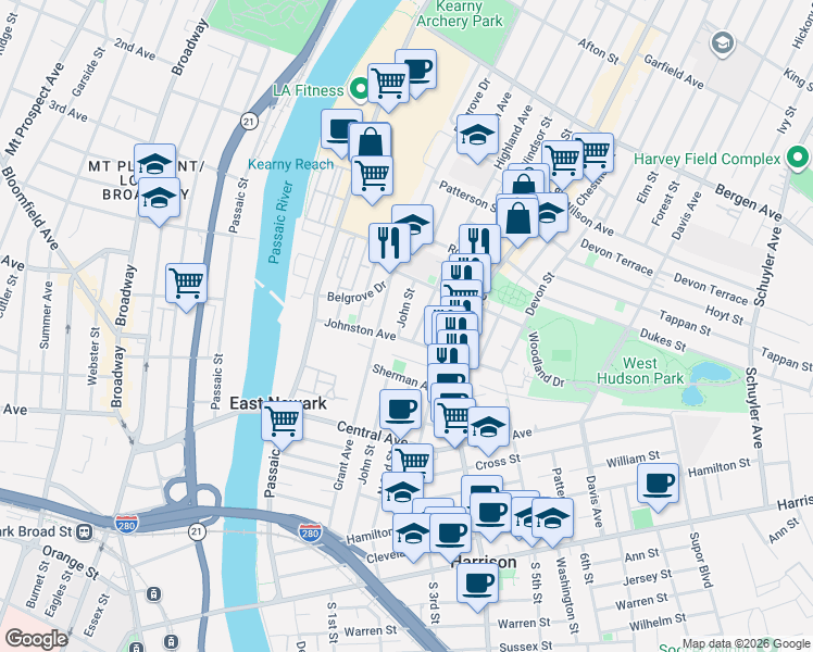 map of restaurants, bars, coffee shops, grocery stores, and more near 14 Highland Avenue in Kearny
