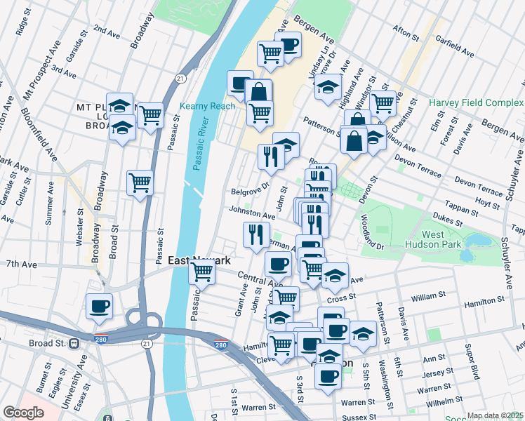 map of restaurants, bars, coffee shops, grocery stores, and more near 59 Johnston Avenue in Kearny