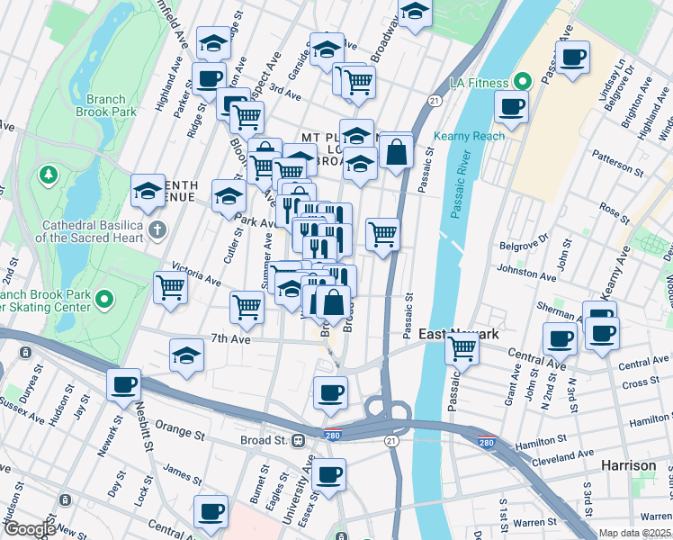 map of restaurants, bars, coffee shops, grocery stores, and more near 95 Broadway in Newark
