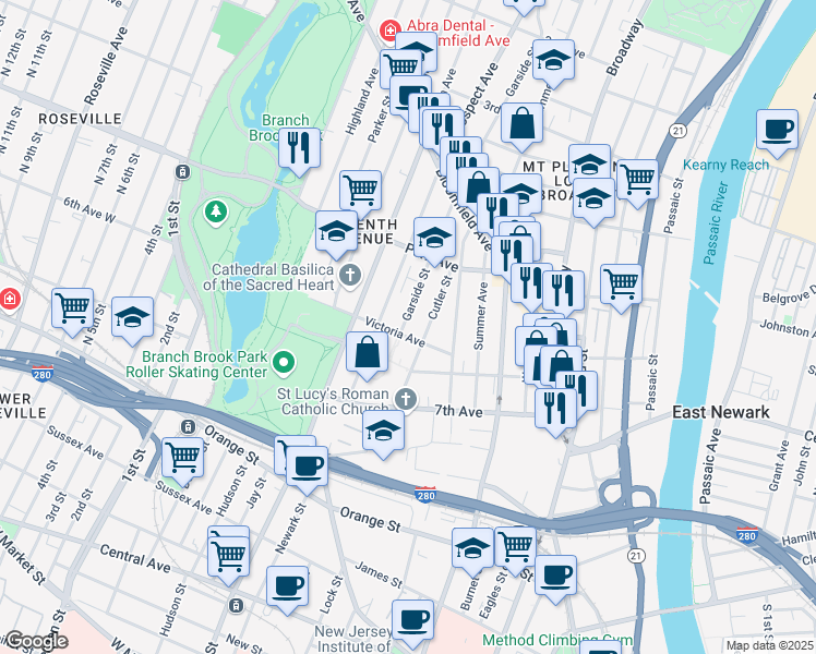 map of restaurants, bars, coffee shops, grocery stores, and more near 39 6th Avenue in Newark