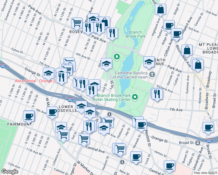 map of restaurants, bars, coffee shops, grocery stores, and more near 301 7th Avenue in Newark