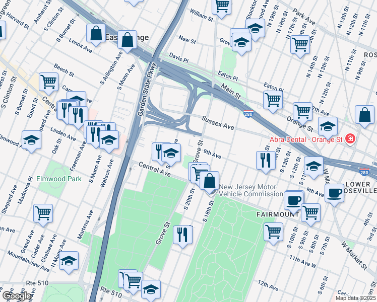 map of restaurants, bars, coffee shops, grocery stores, and more near 57 South Maple Avenue in East Orange
