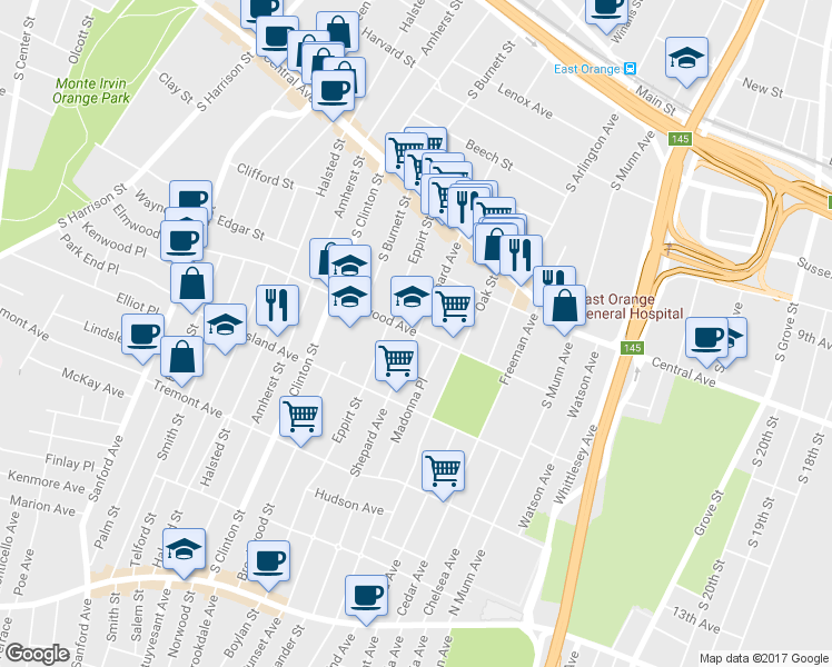 map of restaurants, bars, coffee shops, grocery stores, and more near 110 Elmwood Avenue in East Orange