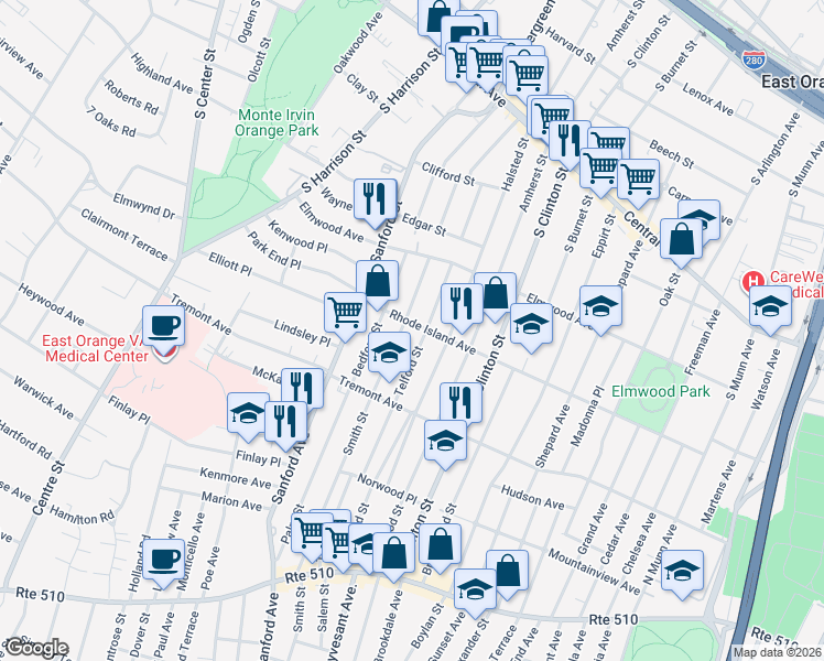 map of restaurants, bars, coffee shops, grocery stores, and more near 60 Telford Street in East Orange