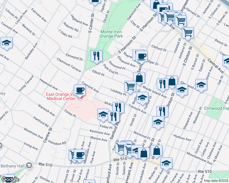map of restaurants, bars, coffee shops, grocery stores, and more near 59 Lindsley Place in East Orange