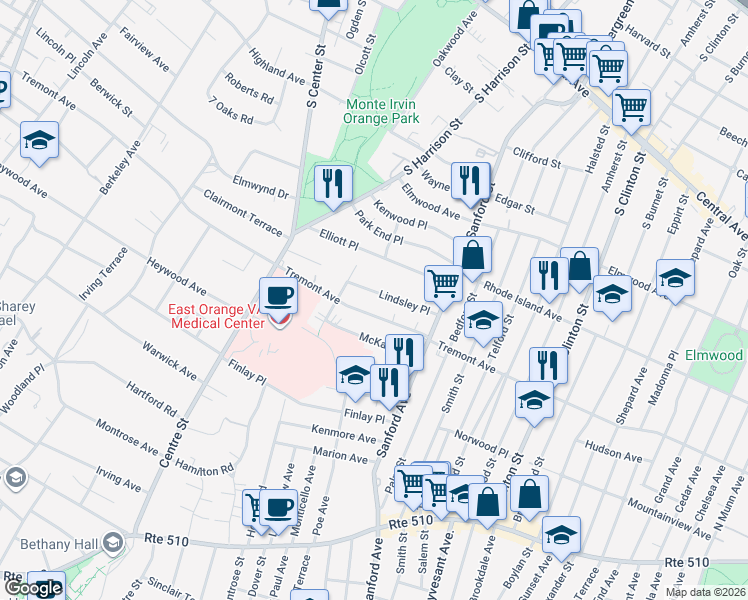 map of restaurants, bars, coffee shops, grocery stores, and more near 59 Lindsley Place in East Orange