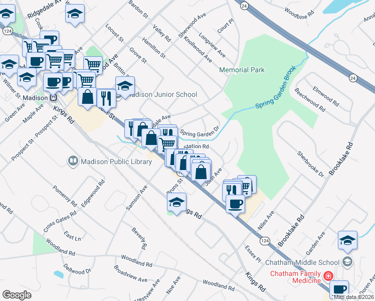 map of restaurants, bars, coffee shops, grocery stores, and more near 8 Station Road in Madison