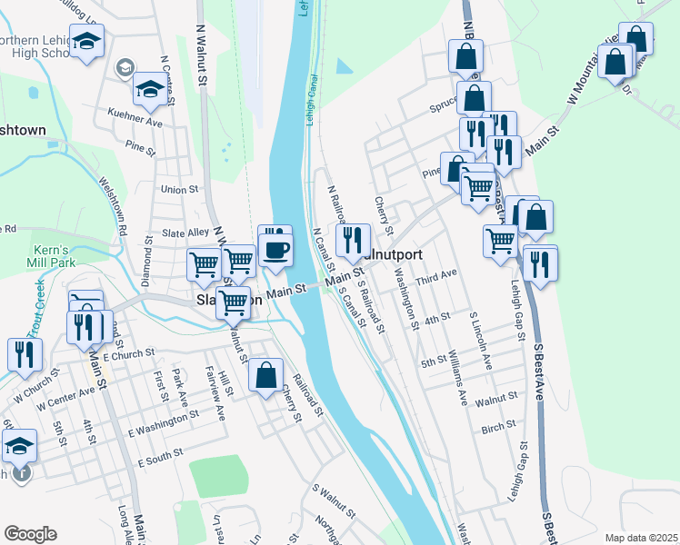 map of restaurants, bars, coffee shops, grocery stores, and more near in Walnutport