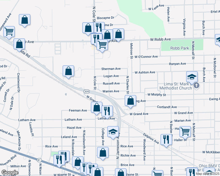 map of restaurants, bars, coffee shops, grocery stores, and more near 1205 North Center Street in Lima