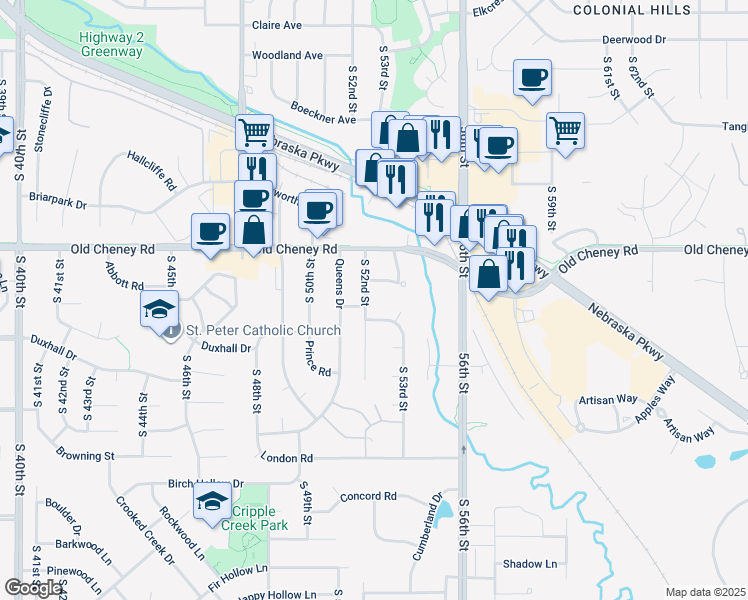 map of restaurants, bars, coffee shops, grocery stores, and more near 5840 South 52nd Street in Lincoln