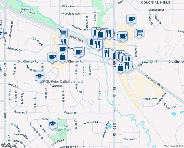 map of restaurants, bars, coffee shops, grocery stores, and more near 5840 South 52nd Street in Lincoln