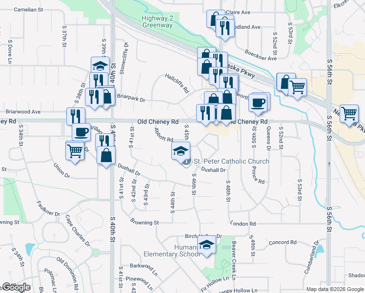 map of restaurants, bars, coffee shops, grocery stores, and more near 5809 South 45th Street in Lincoln