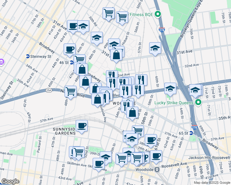 map of restaurants, bars, coffee shops, grocery stores, and more near 53-21 Northern Boulevard in Queens