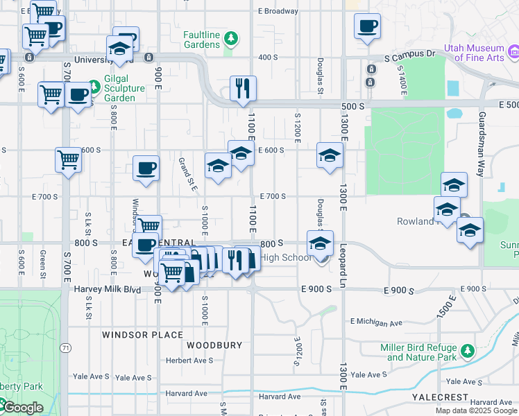 map of restaurants, bars, coffee shops, grocery stores, and more near 715 South 1100 East in Salt Lake City