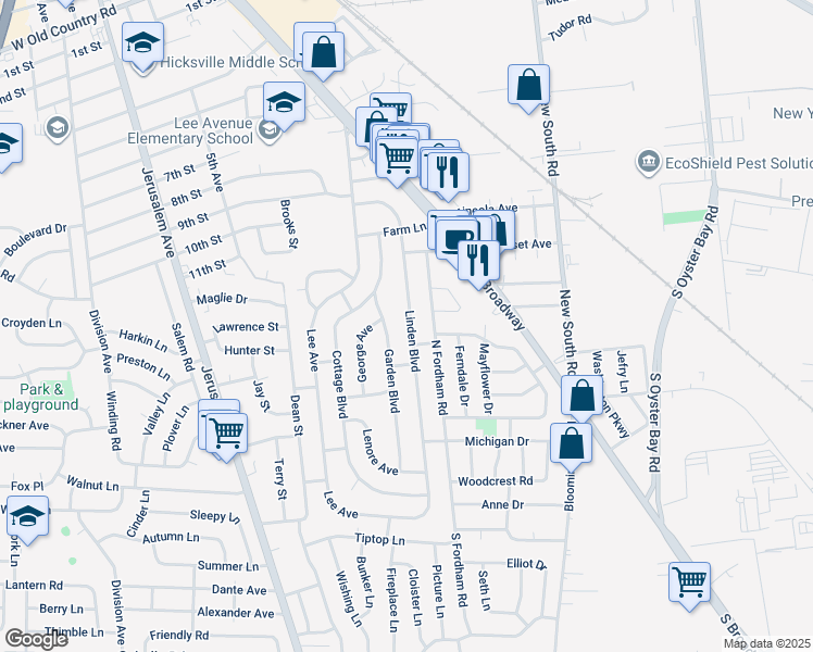 map of restaurants, bars, coffee shops, grocery stores, and more near 46 Linden Boulevard in Hicksville