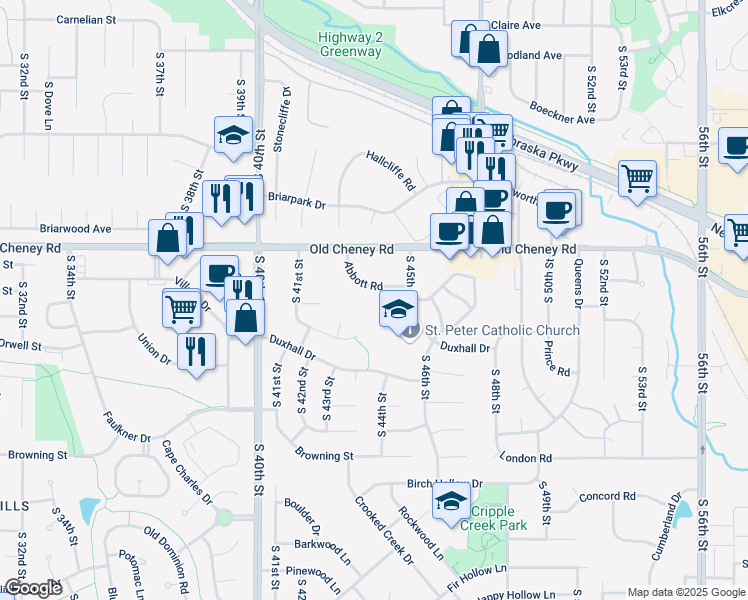 map of restaurants, bars, coffee shops, grocery stores, and more near 5805 Barjona Place in Lincoln