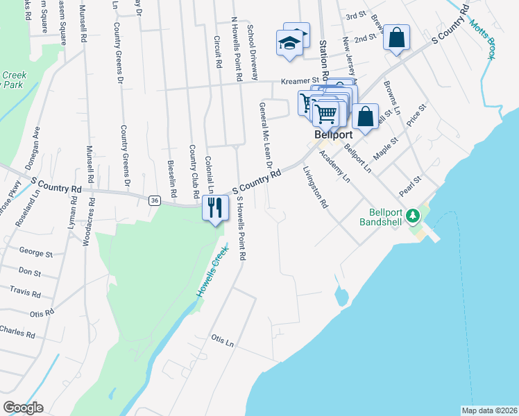 map of restaurants, bars, coffee shops, grocery stores, and more near 5 Smythe Court in Bellport