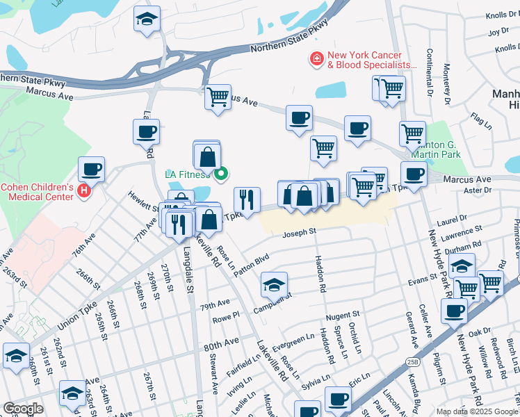 map of restaurants, bars, coffee shops, grocery stores, and more near 1321 Union Turnpike in North New Hyde Park