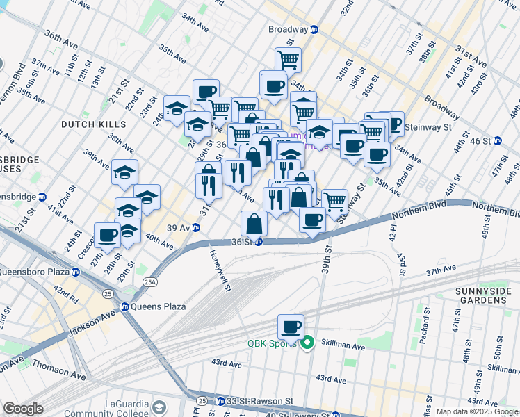 map of restaurants, bars, coffee shops, grocery stores, and more near 37-9 34th Street in Queens