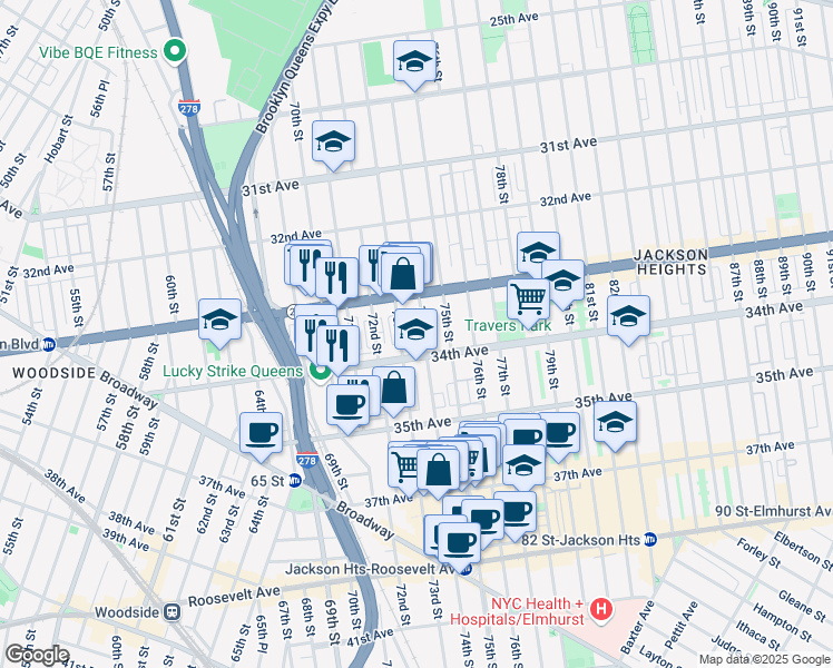 map of restaurants, bars, coffee shops, grocery stores, and more near 33-42 74th Street in Queens