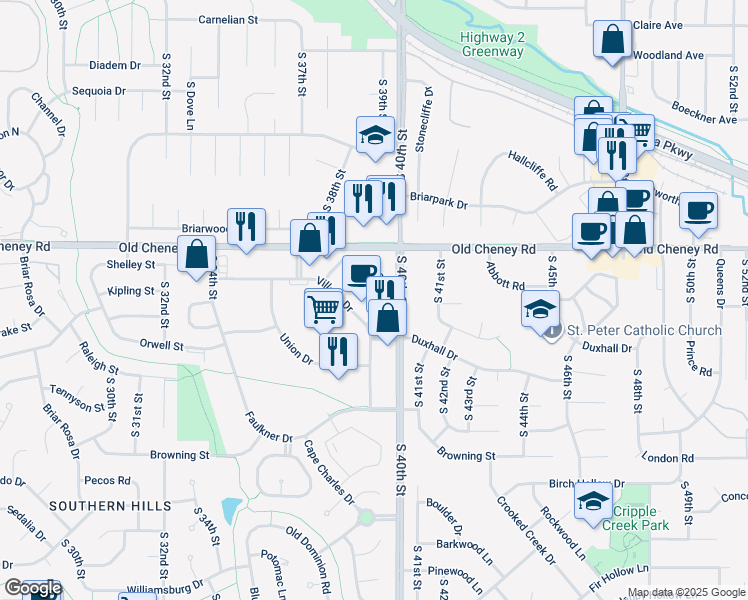 map of restaurants, bars, coffee shops, grocery stores, and more near 3930 Village Lane in Lincoln
