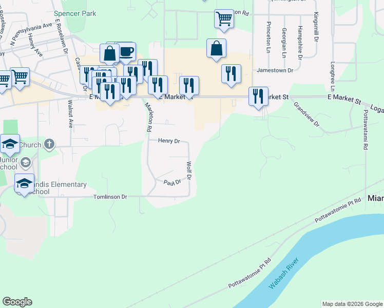 map of restaurants, bars, coffee shops, grocery stores, and more near 846 Wolf Drive in Logansport