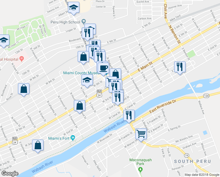 map of restaurants, bars, coffee shops, grocery stores, and more near Route 19 in Peru