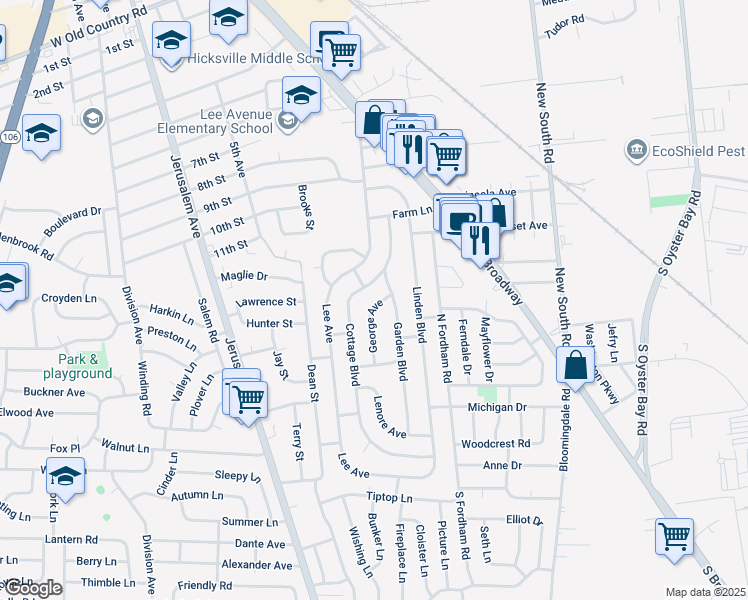 map of restaurants, bars, coffee shops, grocery stores, and more near 6 George Avenue in Hicksville