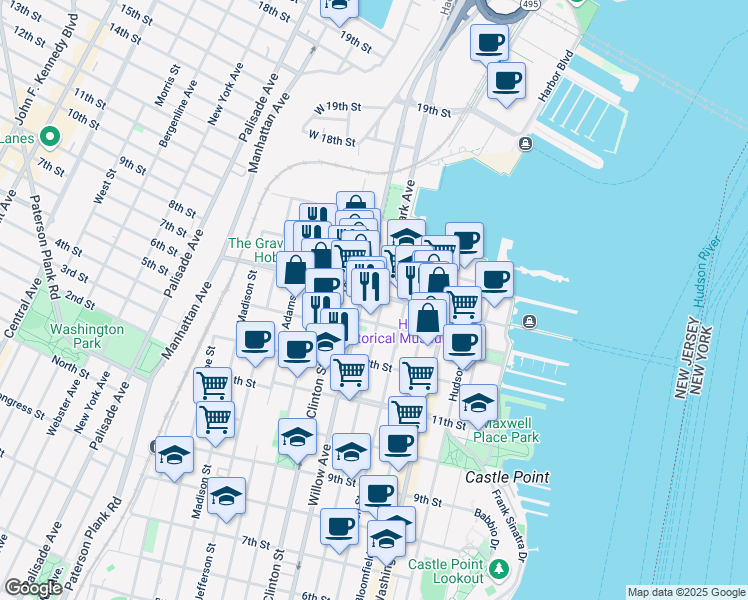 map of restaurants, bars, coffee shops, grocery stores, and more near 1327 Willow Avenue in Hoboken