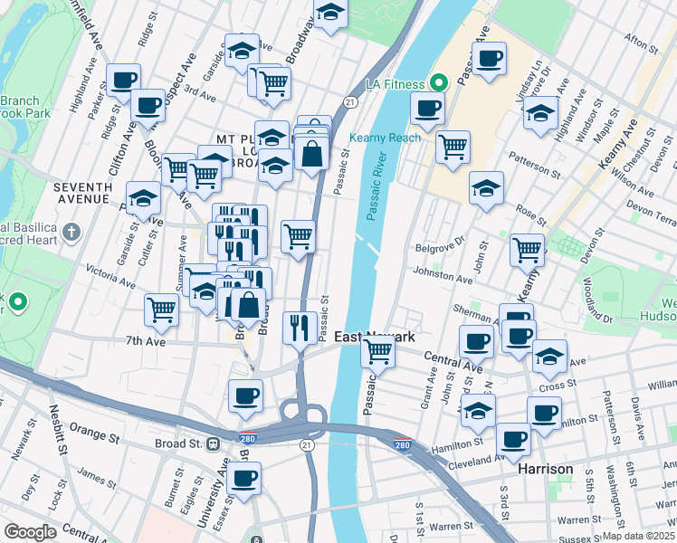 map of restaurants, bars, coffee shops, grocery stores, and more near 250 Passaic Street in Newark