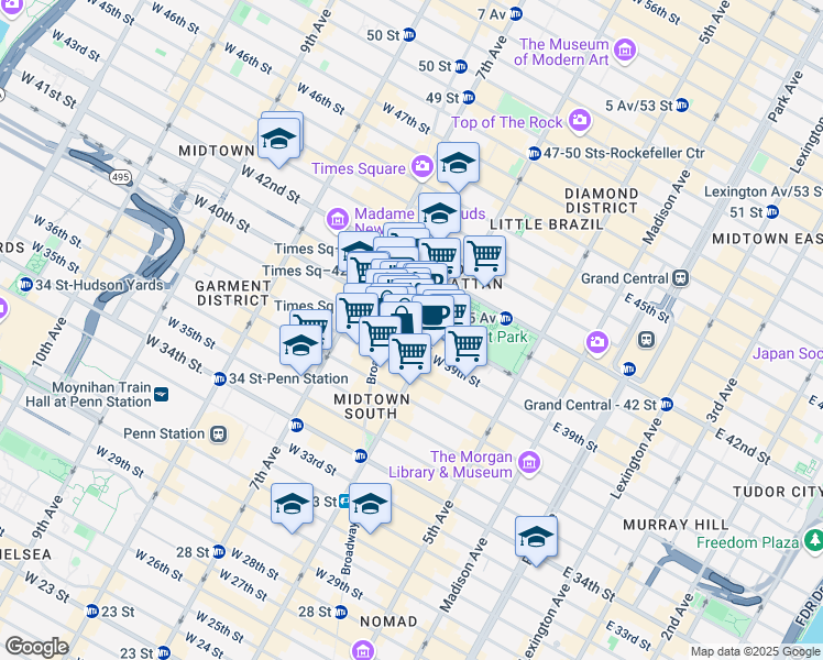 map of restaurants, bars, coffee shops, grocery stores, and more near 110 West 40th Street in New York