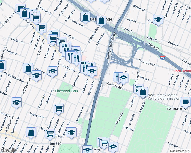 map of restaurants, bars, coffee shops, grocery stores, and more near 240 Central Avenue in East Orange