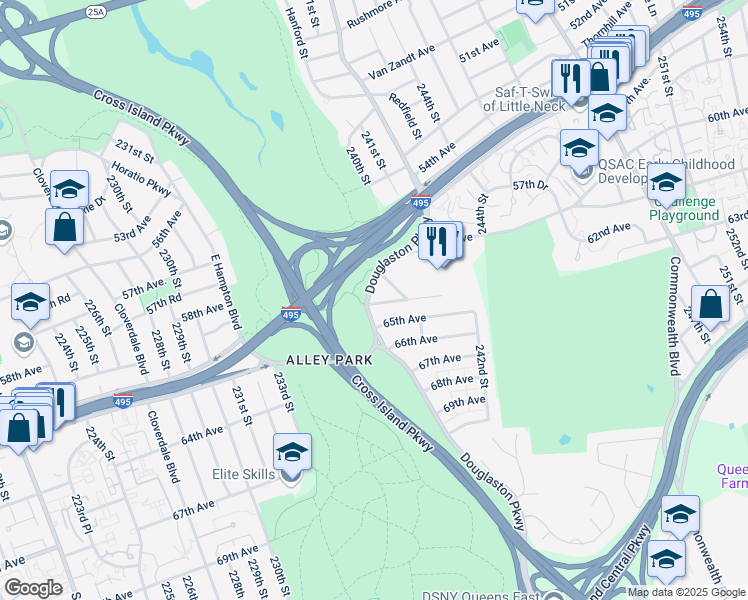map of restaurants, bars, coffee shops, grocery stores, and more near 6301 Douglaston Parkway in Queens